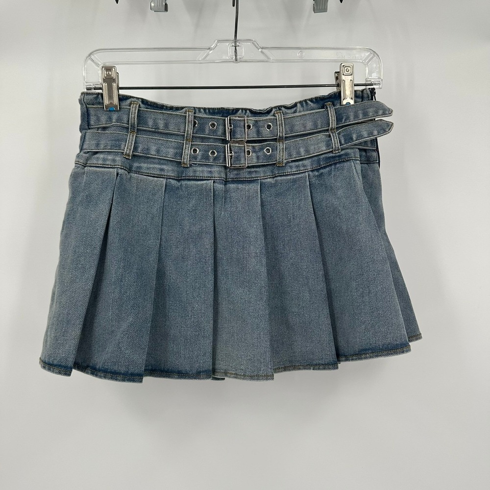 Womens Y2K Schoolgirl Denim Mini Skirt Size S Pleated Preppy Bratz Buckle Detail